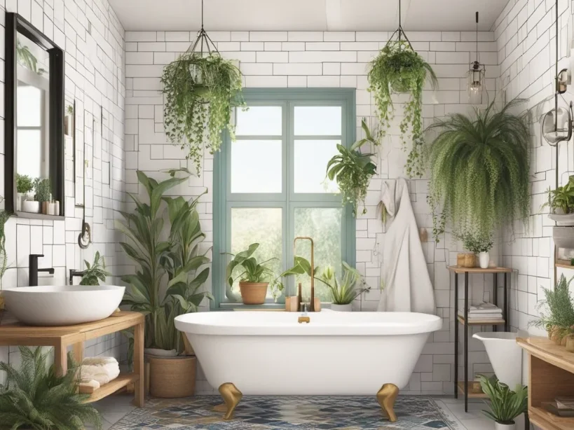 boho style bathroom with bathtub