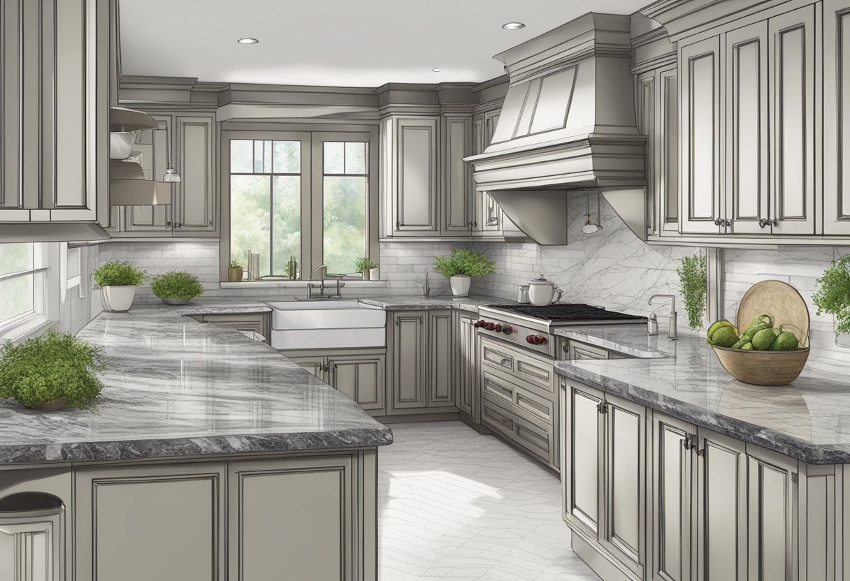 A kitchen with marble and granite countertops, measuring and comparing sizes, prices, and installation requirements